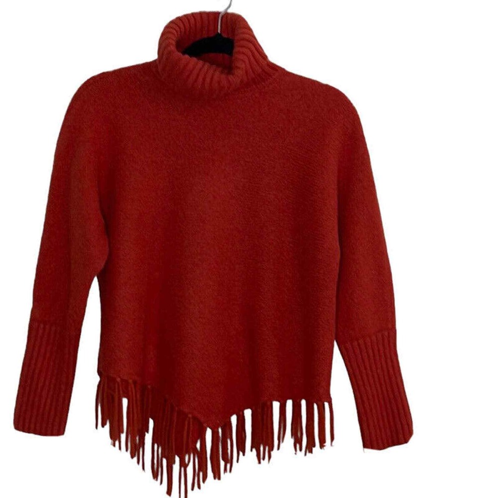CARROLL REED TURTLENECK FRINGE TRIM SWEATER DARK‎ ORANGE SIZE S